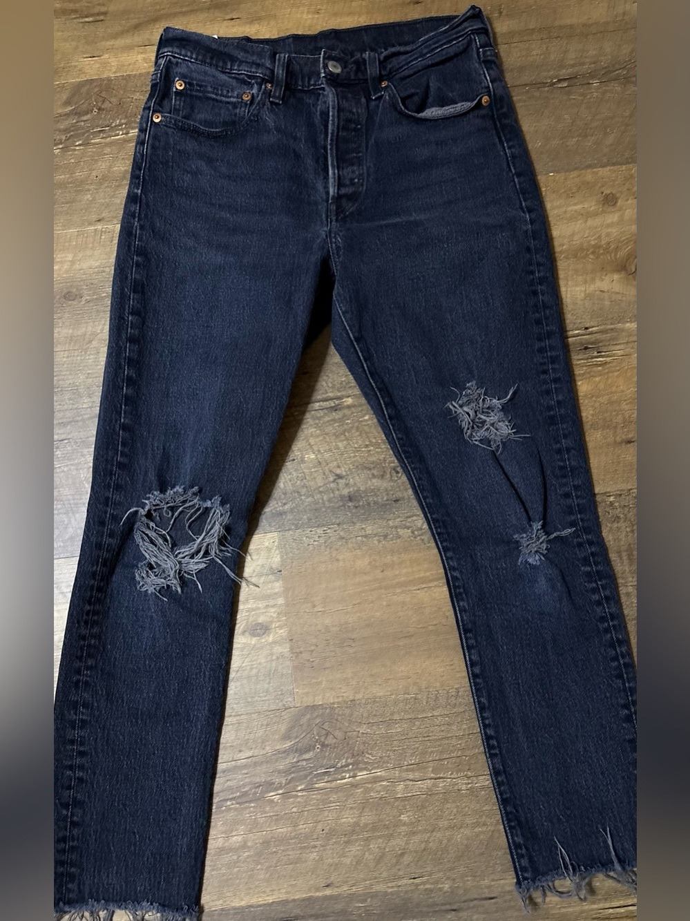 LEVIS 501 S BUTTON FLY Dark Wash Distressed Women's Jeans - Slim Fit